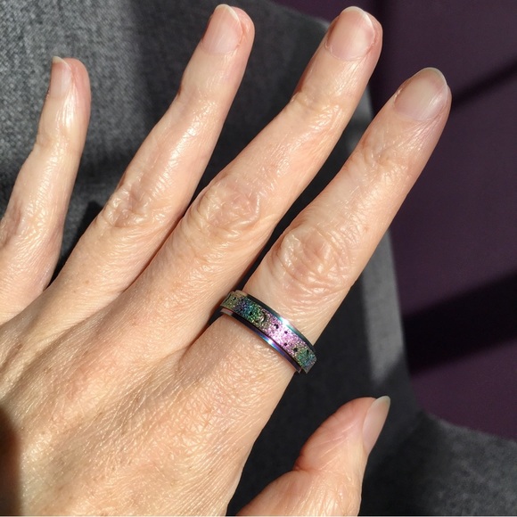 Glitter Moon + Stars Spinner Fidget Ring, Silver, Holographic Rainbow, Size 9 - Picture 12 of 14